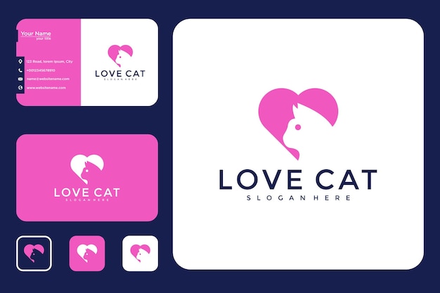 Vettore amo il design del logo del gatto e il biglietto da visita