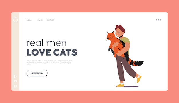 Love Cats Landing Page Template Нежность к животным Концепция Подросток Малыш Обнимает кошку Маленький ребенок Обнимается с домашним животным