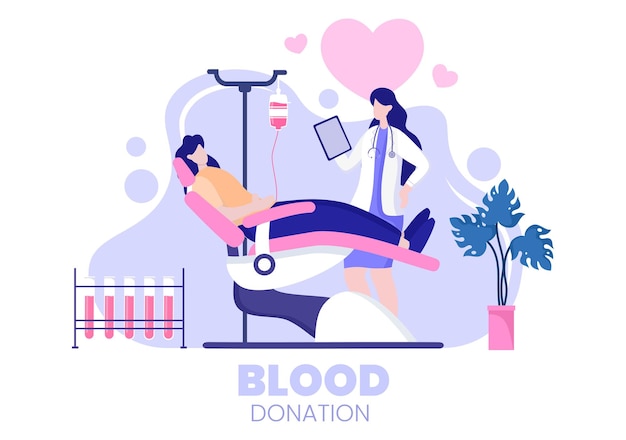 Amore carità o donazione di sangue attraverso un team di volontari che collaborano per aiutare e raccogliere donazioni per poster o striscioni in illustrazione design piatto