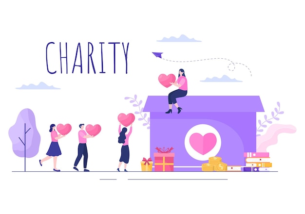 Love charity or giving donation via volunteer team worked together to help and collect donations for poster or banner in flat design illustration