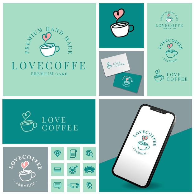 Love coffee cafe vector logo professionale con set di icone