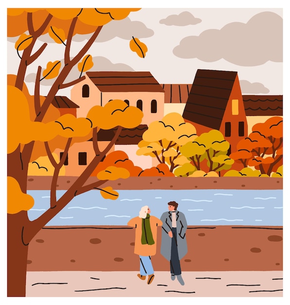 Vettore coppia d'amore in autunno nel parco data romantica al fiume a settembre uomo e donna che camminano passeggiando all'aperto sul fiume in città stagione autunnale passeggiata natura serena calma illustrazione vettoriale piatta