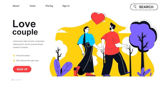 Love couple concept for landing page template Happy man and woman holding hands and walking in park Loving relationships people scene Vector illustration with flat character design for web banner