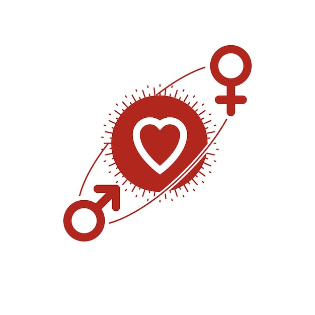 사랑 커플 개념적 로고, 고유한 벡터 기호입니다. 남성과 여성, 화성과 금성 표지판. 사랑하는 사람들 사이의 상호 작용.