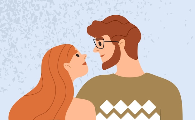 Vector love couple looking at each other. romantic relationships of young woman and man. two lovers profile. happy girl and guy. sweet charmed boyfriend and enamored girlfriend. flat vector illustration.