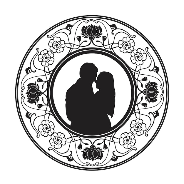 Love couple men and girl with floral frame handmade silhouette