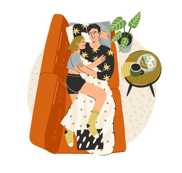 Vettore amore coppia rilassante sul divano a casa. giovane uomo e donna felici sdraiati sul divano e abbracciati nell'accogliente soggiorno. san valentino romantico a riposo. illustrazione vettoriale piatta isolata su sfondo bianco.