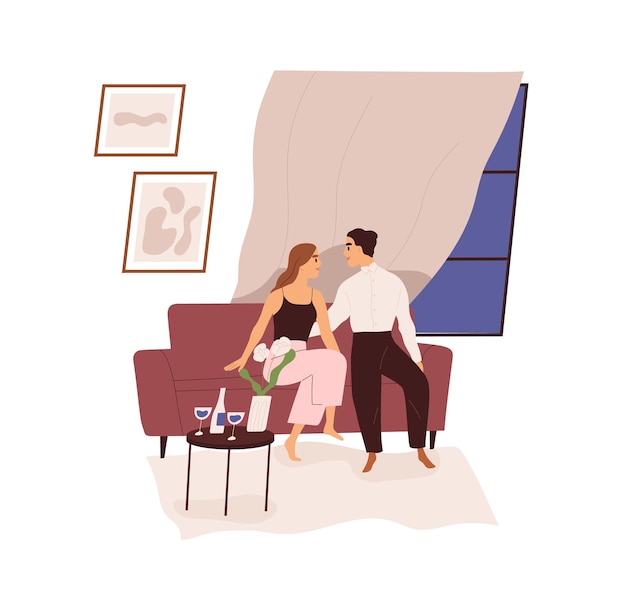 Vector love couple on romantic date with wine at home. man and woman sitting on couch in evening. happy intimate valentines passion. colored flat vector illustration of lovers isolated on white background