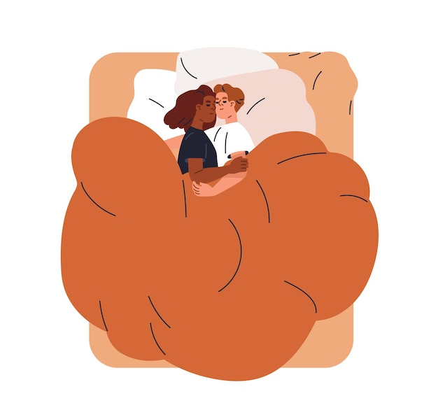 Vector love couple sleeping in bed top view asleep man and woman lying under duvet hugging embracing young sweet romantic valentines flat graphic vector illustration isolated on white background