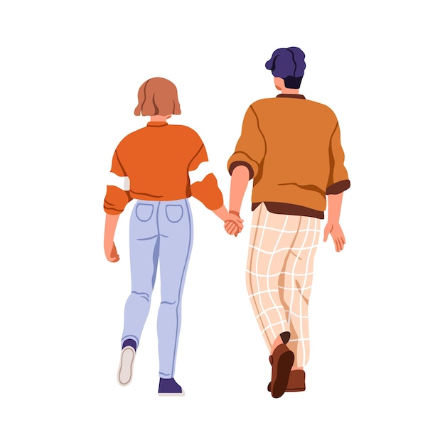 Vector love couple walking together holding hands back view young man and woman going away strolling from behind romantic people lovers flat graphic vector illustration isolated on white background