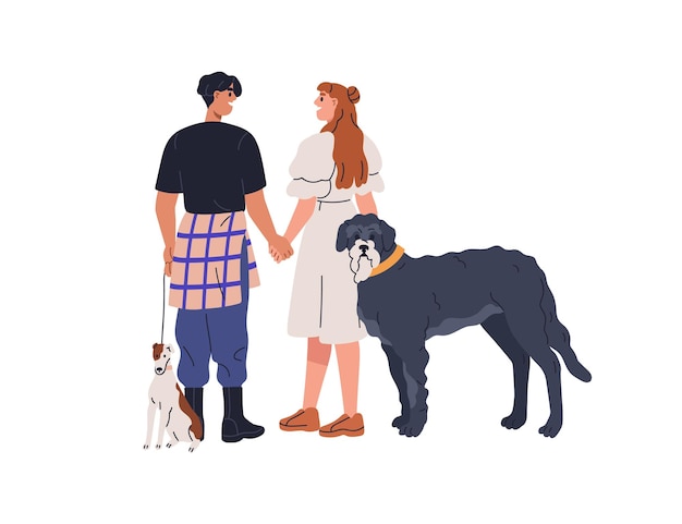 Coppia d'amore con due cani uomo e donna felici proprietari di animali domestici che camminano insieme con i cani persone romantiche famiglia e cuccioli carini illustrazione vettoriale grafica piatta isolata su sfondo bianco