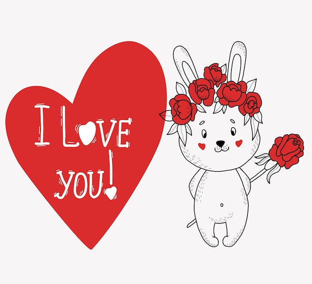 In love Cute bunny in flower wreath with rose behind her back big heart I love you