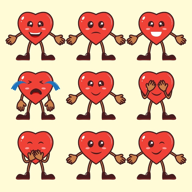 Amore simpatico cartone animato collezione di personaggi mascotte colore rosso espressione emoticon cuore forma vettore