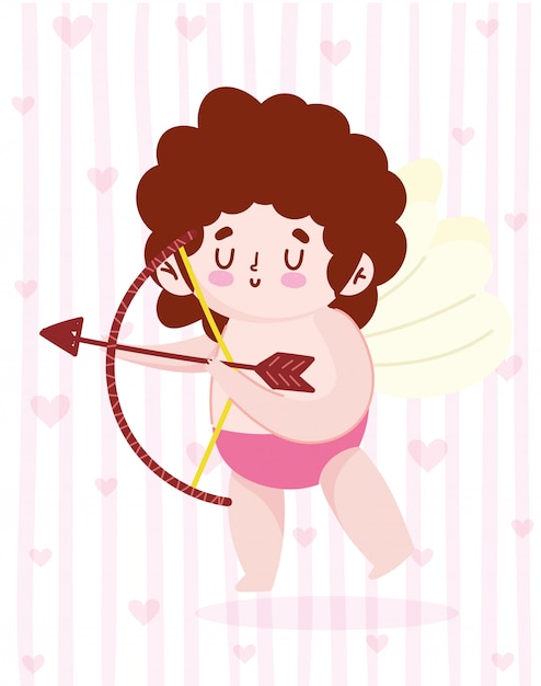 Vector love cute little cupid with arrow bow and hearts romantic cartoon background