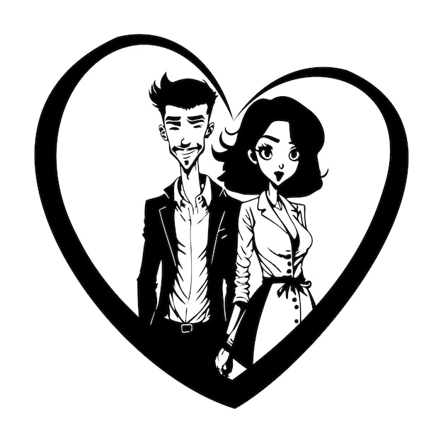 Vector love dating celebrating in black and white cartoon illustration on white background