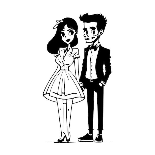 Vector love dating celebrating in black and white cartoon illustration on white background