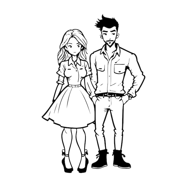恋愛デート 黒と白で祝う 白い背景の漫画イラスト