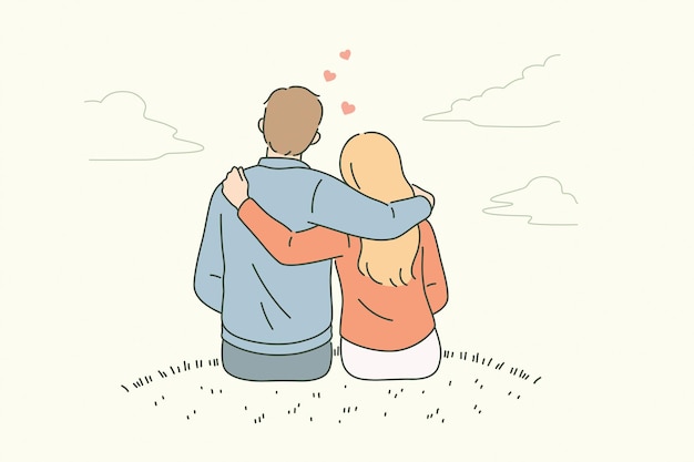 Vector love, dating, romance and feelings concept. young loving couple sitting backwards embracing looking at horizon feeling in love vector illustration