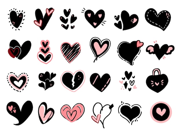 Vector love doodle drawing element logo symbol clip art set black and pink sticker set modern drawing