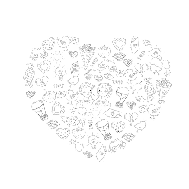 Amore doodle schizzo san valentino linea arte disegnata a mano cuore san valentino coppia amore uccello posta