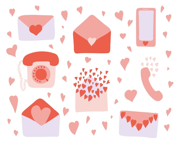 Набор векторных элементов любви нарисованные вручную конверты телефоны с милыми сердечками на белом фоне