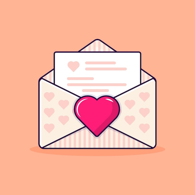Busta d'amore con documenti e un'icona piatta di san valentino cuore