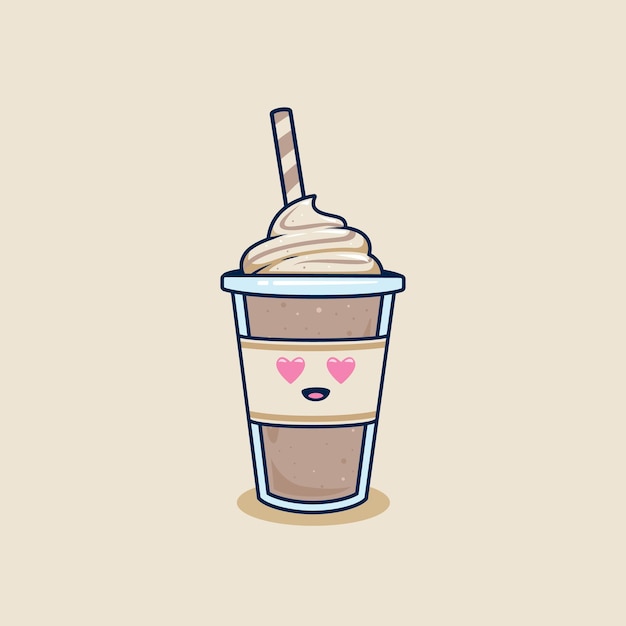 Love eyes chocolate milkshake in takeaway cup with whip cream topping illustration falling love frappe coffee in plastic cup illustration mascot cartoon character