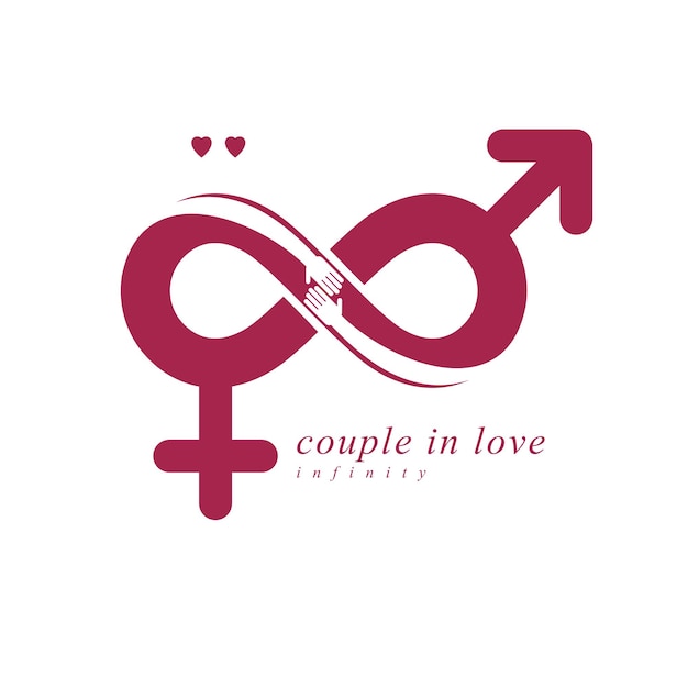 Love Forever conceptual logo, vector symbol created with infinity loop and male Mars an female Venus signs. Relationship creative idea.