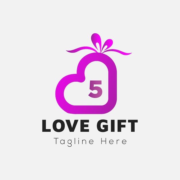 Love Gift Logo On Letter 5 Template. Gift On 5 Letter, Initial Gift Sign Concept