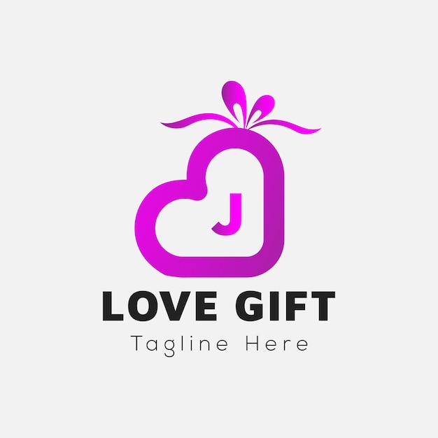 Love Gift Logo On Letter J Template. Gift On J Letter, Initial Gift Sign Concept