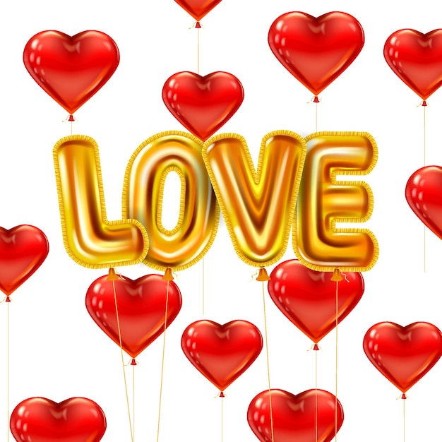 Love gold helium metallic glossy balloons realistic. Flying red heart balloons shape