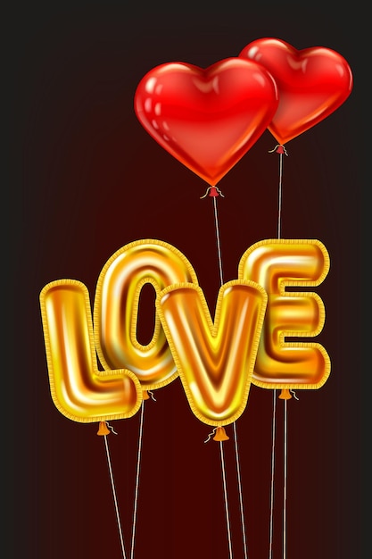 Love gold helium metallic glossy balloons realistic text, heart shape flying red balloons, happy valentines day