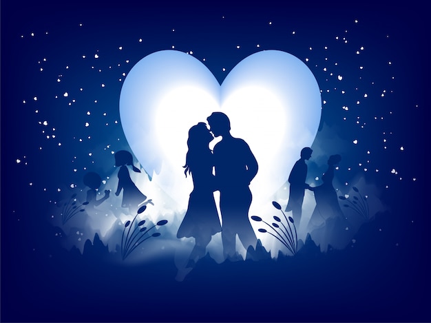 Love greeting card design, romantic silhouette of loving couple