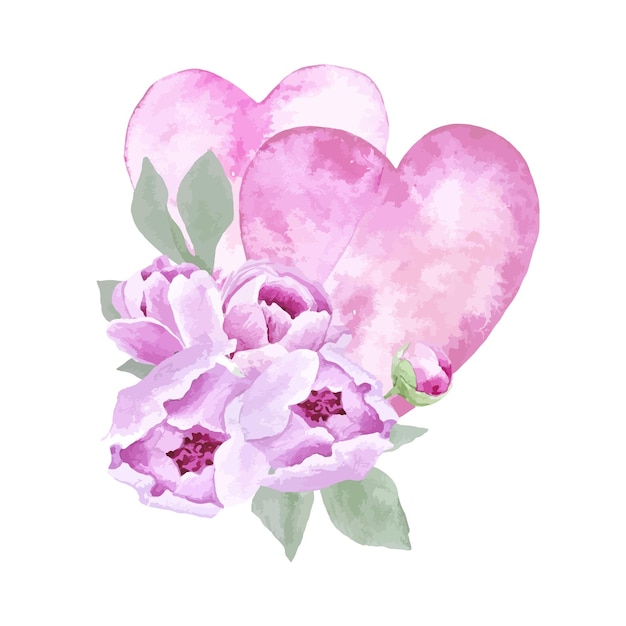 Love greeting frame pink hearts and flowers peonies watercolor illustration Valentines day