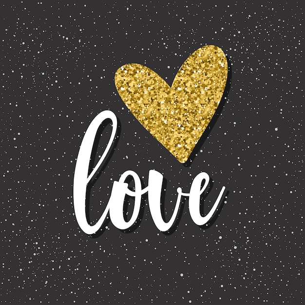 Love. handwritten lettering and doodle hand drawn heart for design t shirt, wedding card, bridal invitation, poster, brochures, scrapbook, album etc. gold texture.