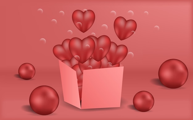 Vector love heart 3d and balls realistic background happy valentines futuristic box suprise decoration