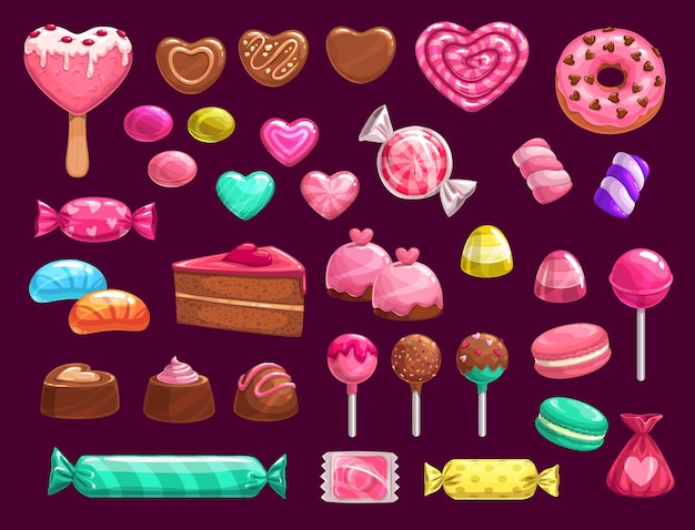 Vector love heart candies sweets and cakes