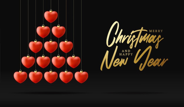 Love heart Christmas and new year greeting card bauble tree. Creative Xmas tree made by red heart on black background for Christmas and New Year celebration. love greeting card