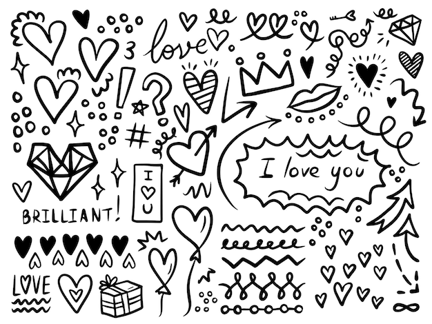 Tema di doodle del cuore d'amore elementi di linee semplici