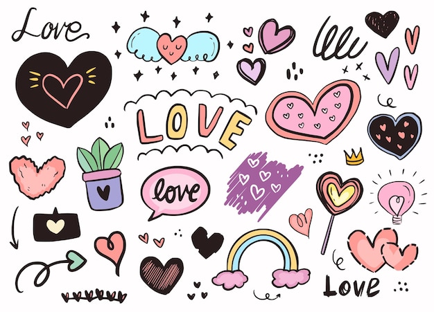 Vector love heart girly fashion sticker outline drawing.