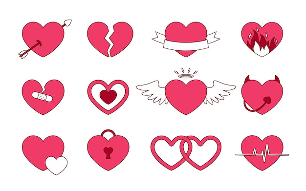 Vector love heart icon saint valentine day y2k aesthetic doodle outline flat set pink enchanted lock angel broken heart devil wedding amur cupid arrow pulse ribbon congrats pendant patch reconcile isolated