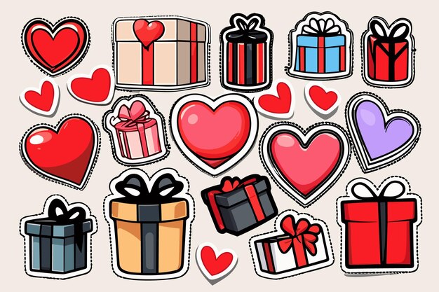 Insieme di clipart dell'autoadesivo della scatola regalo di san valentino e dell'illustrazione del cuore di amore