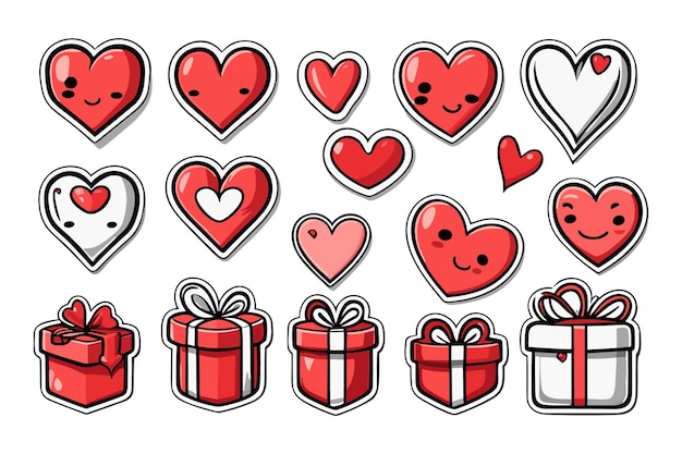 Insieme di clipart dell'autoadesivo della scatola regalo di san valentino e dell'illustrazione del cuore di amore