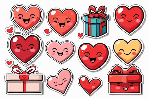 Иллюстрация сердца любви и набор наклеек на подарочную коробку ко Дню святого Валентина