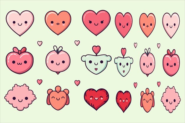 Vector love heart kawaii icon set vector