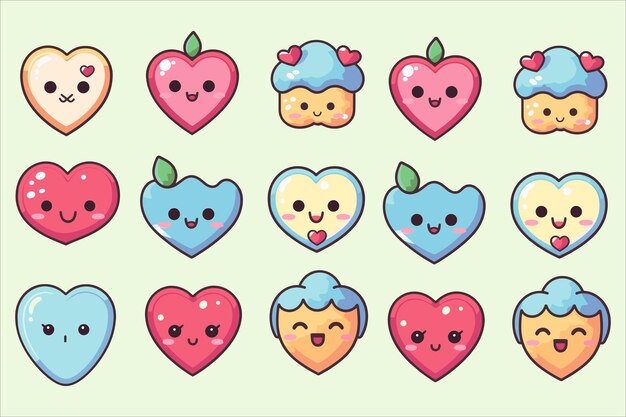 Vector love heart kawaii icon set vector