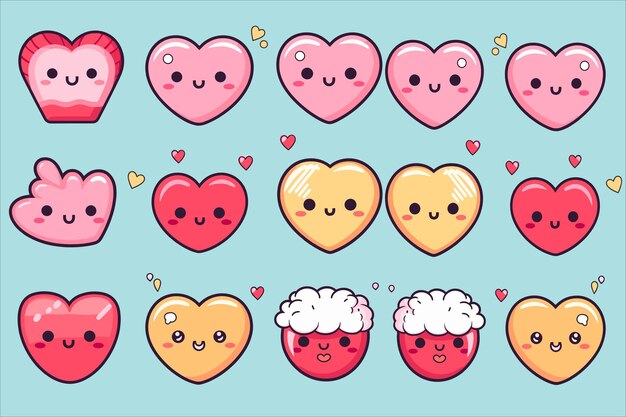 Vector love heart kawaii icon set vector