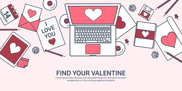 Vector love and heart lined vector illustration flat background with laptop hearts valentines day be my