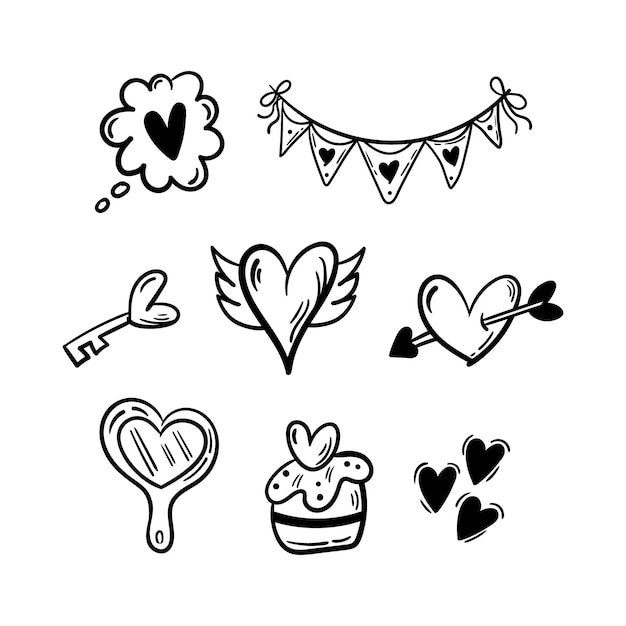 Love heart shape abstract doodle element Hand drawn icons line art illustration