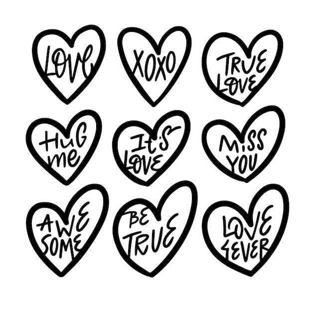 Love heart sign with different words set